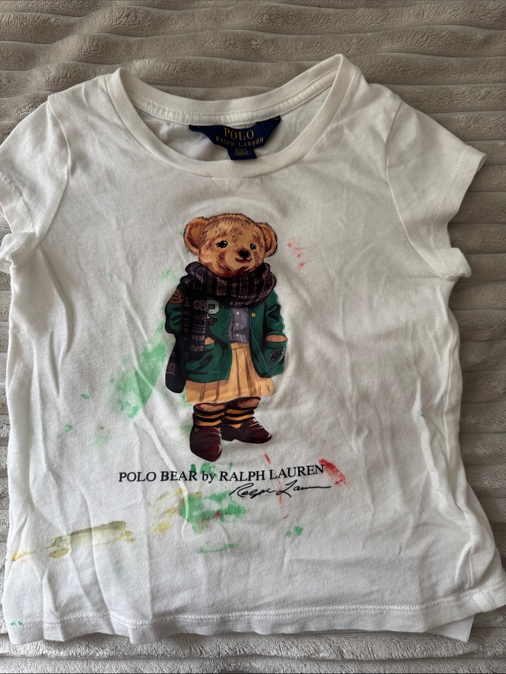 Polo by Ralph Lauren White Kids Bear Graphic Tee with Green Jacket